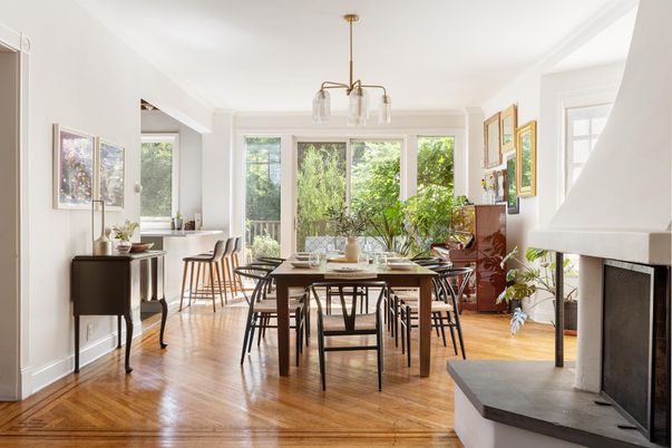 Dining room, Interior, Pendant Lights, Wood Texture Flooring