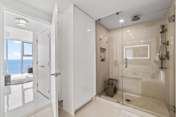 Bathroom, Glass Shower, Interior, Recessed Lighting, Water