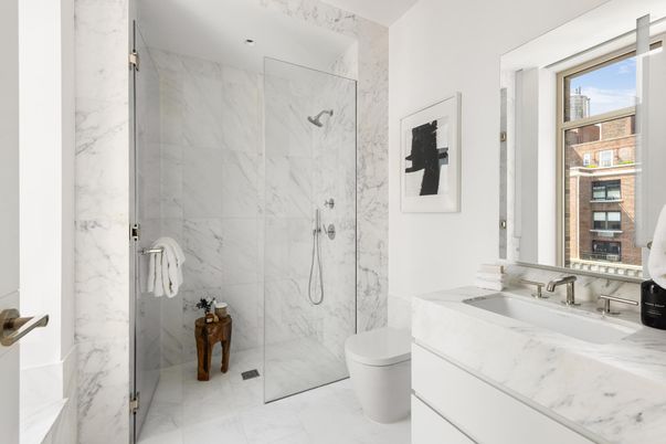 Bathroom, Glass Shower, Interior, Marble, Marble Walls, Recessed Lighting