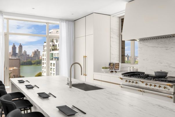 Interior, Kitchen, Marble Walls, Recessed Lighting, Stainless Steel Appliances