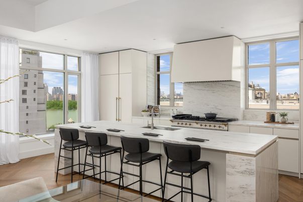 Interior, Kitchen, Marble Walls, Recessed Lighting, Stainless Steel Appliances, Wood Texture Flooring