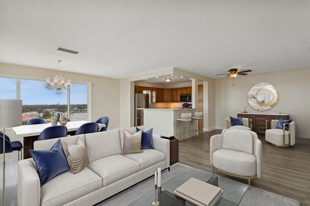 Chandelier, Dining room, Interior, Kitchen, Living room, Stainless Steel Appliances, Wood Texture Flooring