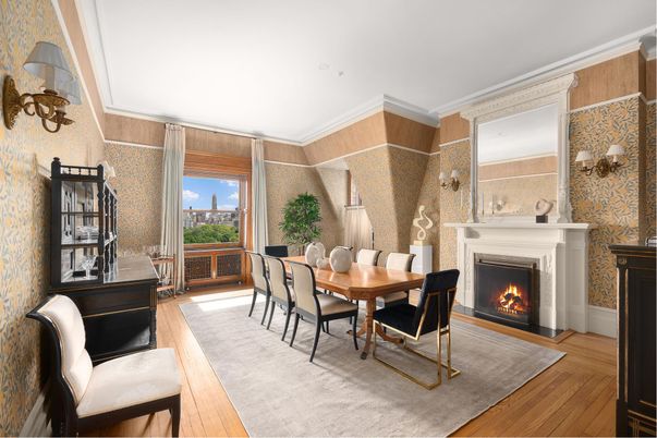Dining room, Fireplace, Interior, Wood Texture Flooring