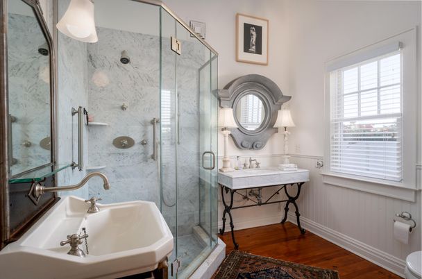 Bathroom, Glass Shower, Interior, Marble Walls, Wood Texture Flooring