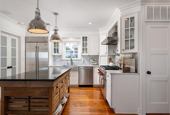 Interior, Kitchen, Pendant Lights, Recessed Lighting, Stainless Steel Appliances, Wood Texture Flooring