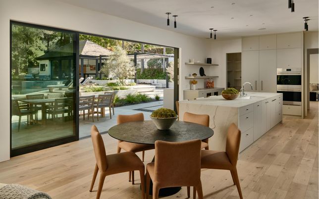 Dining room, Interior, Kitchen, Recessed Lighting, Stainless Steel Appliances, Wood Texture Flooring