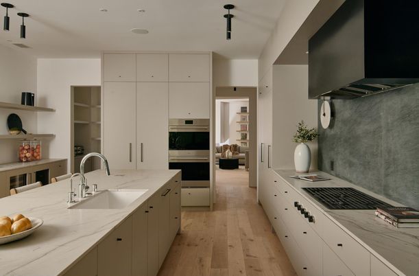 Interior, Kitchen, Recessed Lighting, Stainless Steel Appliances, Wood Texture Flooring