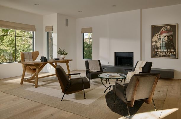 Fireplace, Home Office, Interior, Living room, Recessed Lighting, Wood Texture Flooring