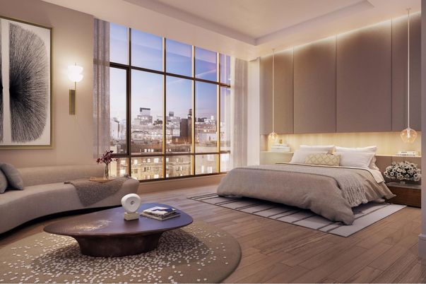 Bedroom, Interior, Pendant Lights, Wood Texture Flooring