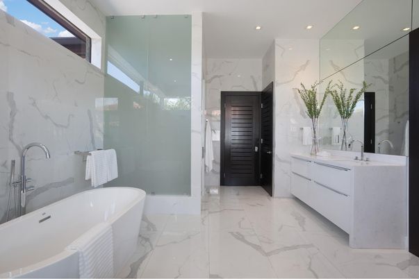Bathroom, Dual Sink Vanities, Free Standing Baths, Glass Shower, Interior, Marble, Marble Walls, Recessed Lighting