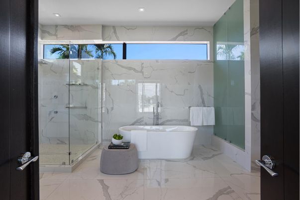 Bathroom, Free Standing Baths, Glass Shower, Interior, Marble, Marble Walls, Recessed Lighting