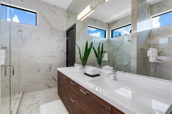 Bathroom, Dual Sink Vanities, Glass Shower, Interior, Marble, Marble Walls