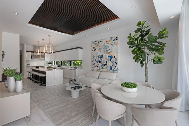 Dining room, Interior, Kitchen, Living room, Marble, Pendant Lights, Recessed Lighting, Stainless Steel Appliances