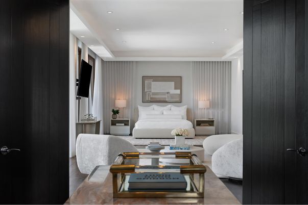 Bedroom, Interior, Living room, Recessed Lighting, Wood Texture Flooring