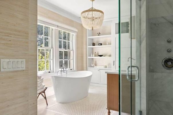 Bathroom, Chandelier, Free Standing Baths, Glass Shower, Interior, Marble Walls, Wood Texture Flooring