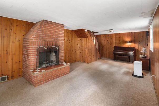Empty room, Fireplace, Interior, Piano, Wooden Walls