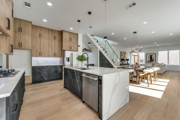 Dining room, Interior, Kitchen, Living room, Pendant Lights, Recessed Lighting, Stainless Steel Appliances, Wood Texture Flooring