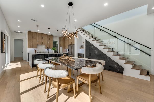 Interior, Kitchen, Pendant Lights, Recessed Lighting, Stainless Steel Appliances, Wood Texture Flooring