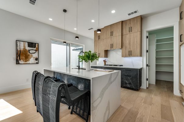 Interior, Kitchen, Marble Walls, Pendant Lights, Recessed Lighting, Wood Texture Flooring