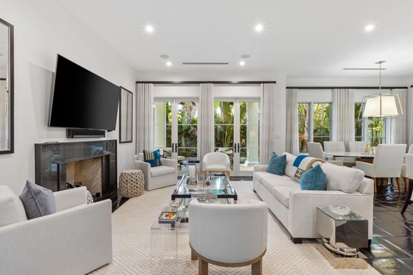 Dining room, Fireplace, Interior, Living room, Pendant Lights, Recessed Lighting