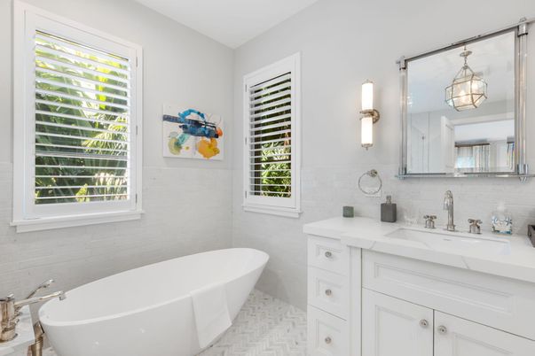 Bathroom, Dual Sink Vanities, Free Standing Baths, Interior, Pendant Lights