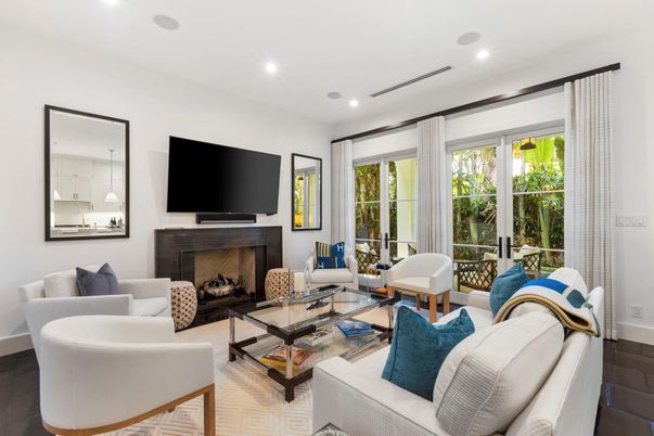 Fireplace, Interior, Living room, Recessed Lighting, Wood Texture Flooring