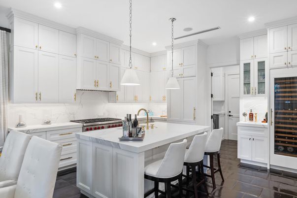 Interior, Kitchen, Marble Walls, Pendant Lights, Recessed Lighting, Stainless Steel Appliances