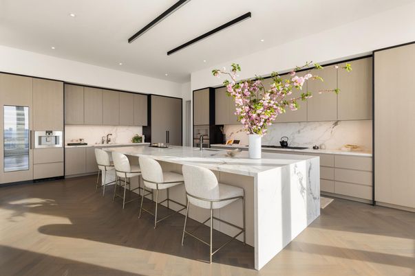 Interior, Kitchen, Marble Walls, Recessed Lighting, Stainless Steel Appliances, Wood Texture Flooring