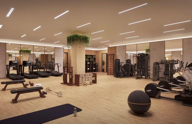 Fitness Equipment, Gym, Interior, Recessed Lighting, Wood Texture Flooring