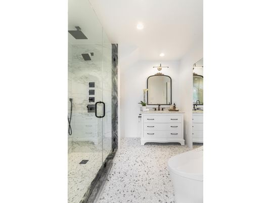 Bathroom, Glass Shower, Interior, Marble Walls, Recessed Lighting