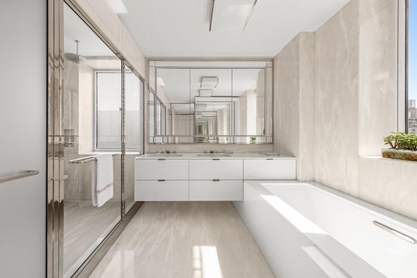 Bathroom, Dual Sink Vanities, Glass Shower, Interior, Wood Texture Flooring
