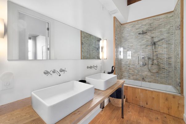 Bathroom, Glass Shower, Interior, Wood Texture Flooring