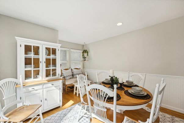 Dining room, Interior, Recessed Lighting, Wood Texture Flooring