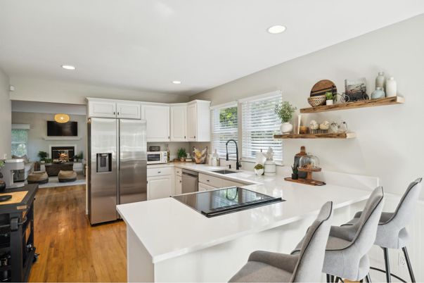 Fireplace, Interior, Kitchen, Living room, Recessed Lighting, Stainless Steel Appliances, Wood Texture Flooring