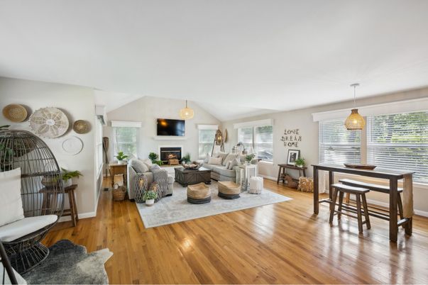 Dining room, Fireplace, Interior, Living room, Pendant Lights, Wood Texture Flooring