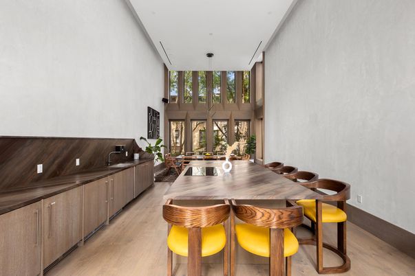 Dining room, Interior, Pendant Lights, Recessed Lighting, Wood Texture Flooring