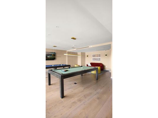 Billiard Table, Game Room, Interior, Pendant Lights, Recessed Lighting, Wood Texture Flooring