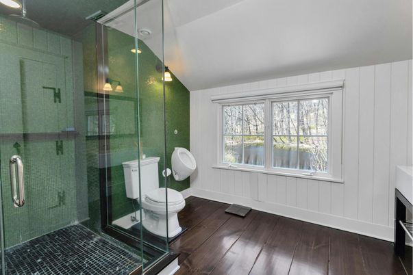 Bathroom, Glass Shower, Interior, Wood Texture Flooring