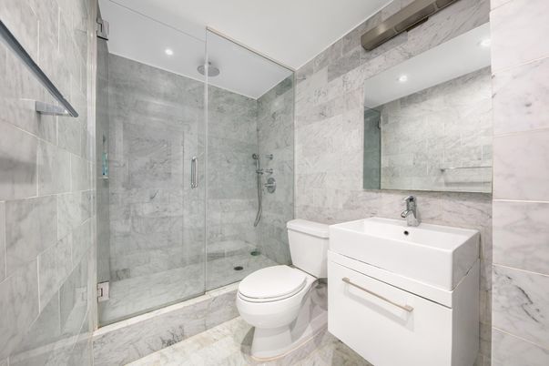 Bathroom, Glass Shower, Interior, Marble, Marble Walls, Recessed Lighting