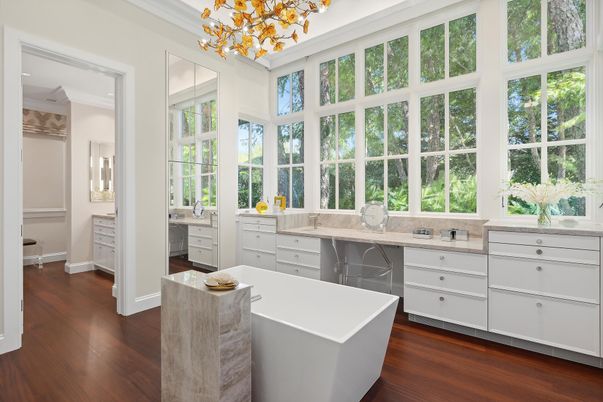 Bathroom, Dual Sink Vanities, Free Standing Baths, Interior, Pendant Lights, Wood Texture Flooring