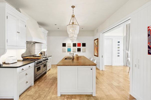 Chandelier, Interior, Kitchen, Recessed Lighting, Stainless Steel Appliances, Wood Texture Flooring