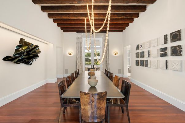 Dining room, Interior, Pendant Lights, Wooden Beams, Wood Texture Flooring