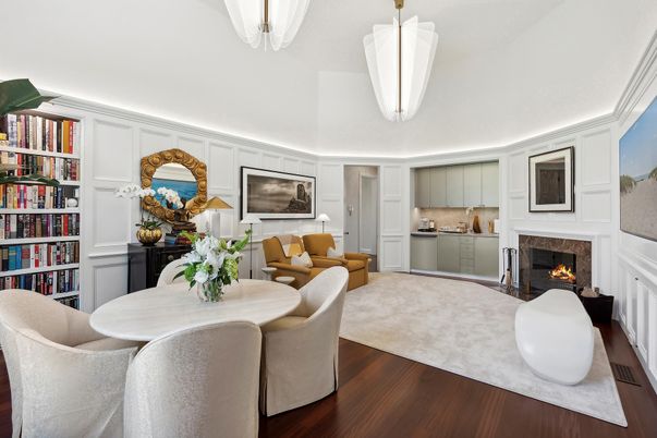 Dining room, Fireplace, Interior, Kitchen, Living room, Pendant Lights, Wood Texture Flooring