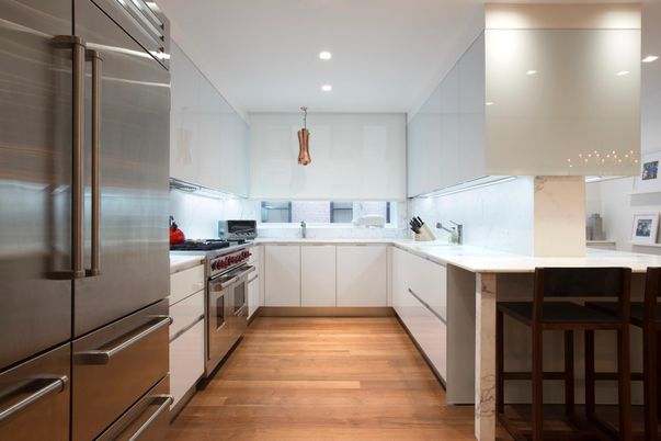 Interior, Kitchen, Recessed Lighting, Stainless Steel Appliances, Wood Texture Flooring