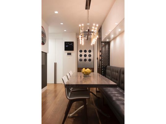 Dining room, Interior, Pendant Lights, Recessed Lighting, Wood Texture Flooring