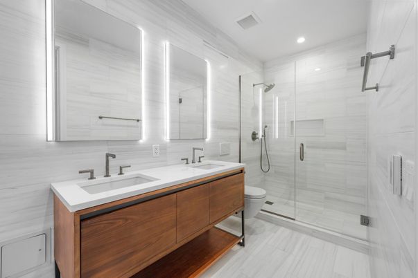 Bathroom, Dual Sink Vanities, Glass Shower, Interior, Recessed Lighting