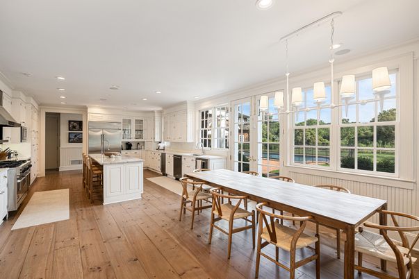 Dining room, Interior, Kitchen, Pendant Lights, Recessed Lighting, Stainless Steel Appliances, Wood Texture Flooring