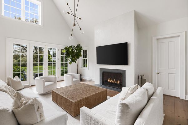 Fireplace, Interior, Living room, Pendant Lights, Wood Texture Flooring