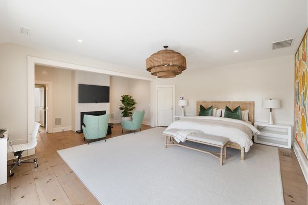 Bedroom, Chandelier, Interior, Recessed Lighting, Wood Texture Flooring