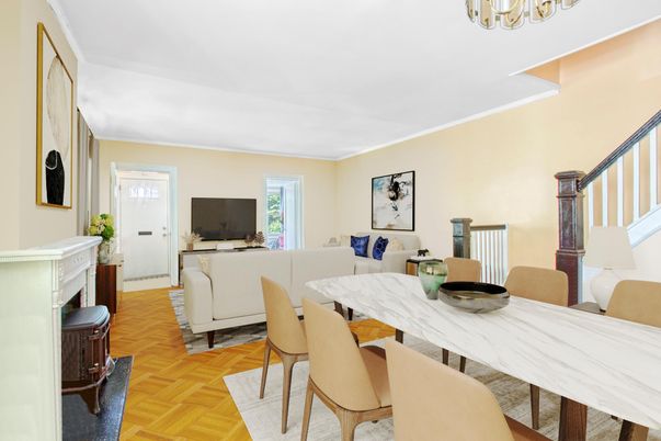 Dining room, Fireplace, Interior, Living room, Wood Texture Flooring